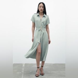 Zara belted shirt dress in mint. Size large. Worn once- in new condition.